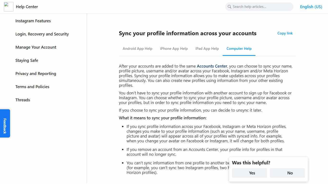 Sync your profile information across your accounts Instagram Help Center